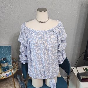 CeCe Light Blue and White Off-Shoulder Blouse